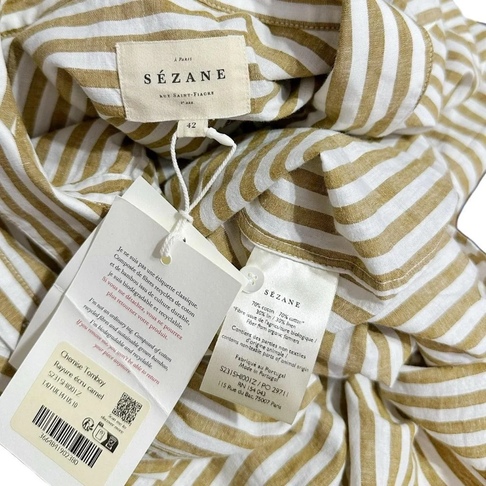 SÉZANE Tomboy Linen-Blend Shirt, Ecru Camel Stripe, FR42_12